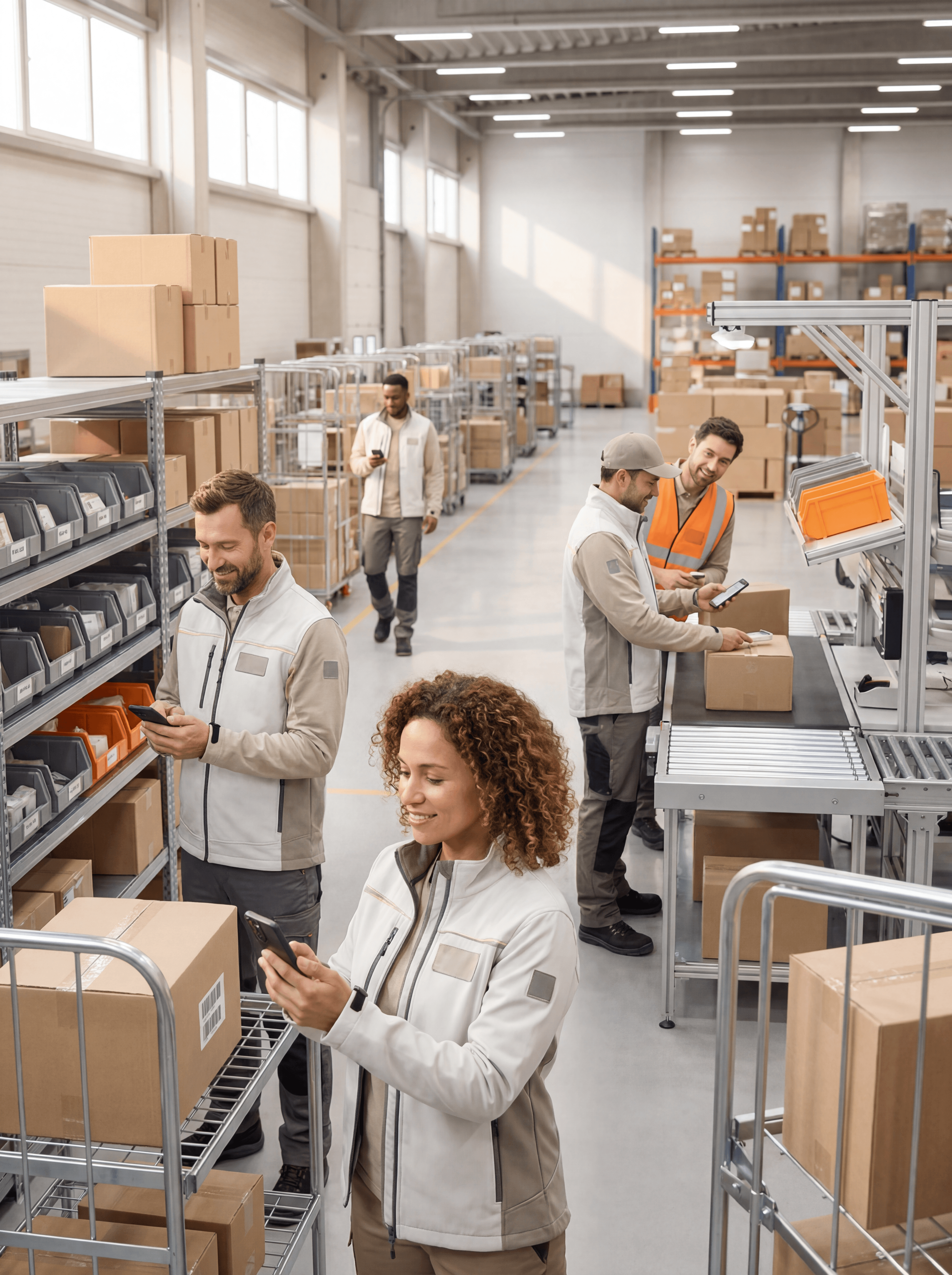 Magazzinieri che lavorano con smartphone e operazioni di scansione.